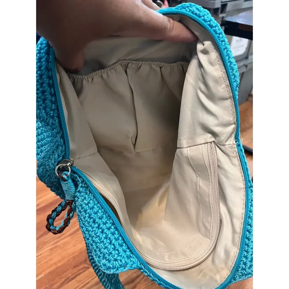 The Sak Crochet Teal Brown Embroidered Chill Palm Tree Shoulder Bag Vacation
